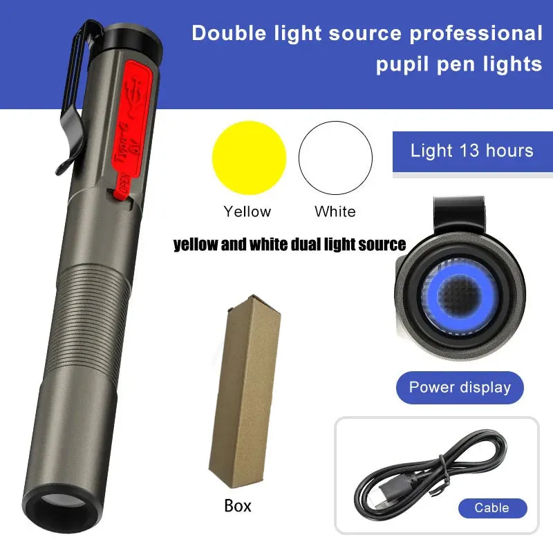 Rechargeable Medical Handy Pen Light Dual Light Source LED Flashlight Mini Pocket Doctor Oral Examination Penlight Clip Lamp