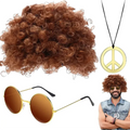 Men Synthetic Wig Hat Curly Hair Cap Sunglasses Necklace 3 PCS Set Funny 70s Disco Hippie Hair Props Party Hip Hop Dance Costume