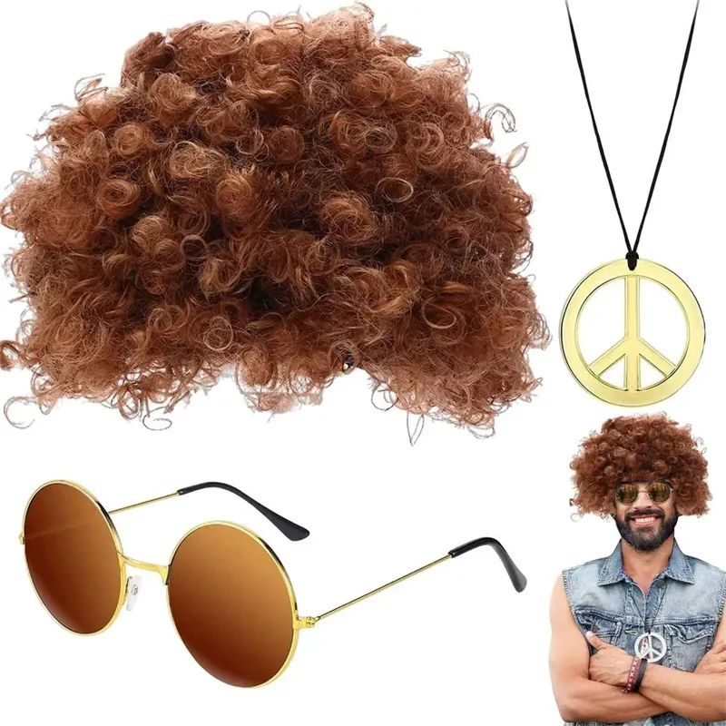 Men Synthetic Wig Hat Curly Hair Cap Sunglasses Necklace 3 PCS Set Funny 70s Disco Hippie Hair Props Party Hip Hop Dance Costume