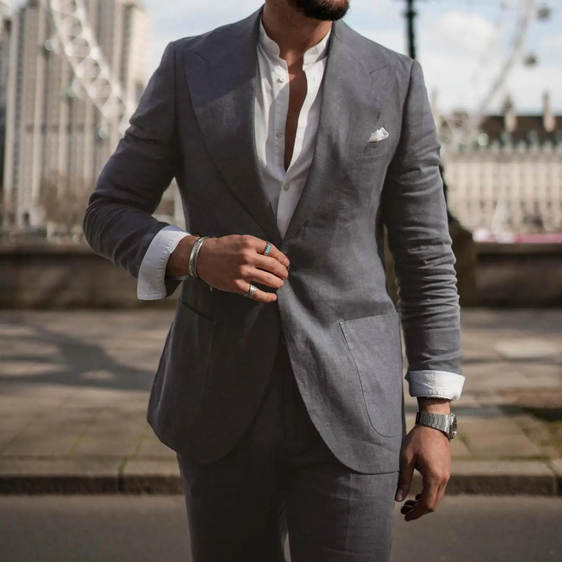 Men‘s Linen Pant Suit Set Plus - size Black Blue Single Button 2 - Piece Summer Business Formal Casual - View 8 | SAMAG