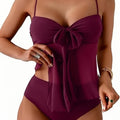 Women Solid Front Bow Chiffon Tankini Spaghetti Strap | SAMAG