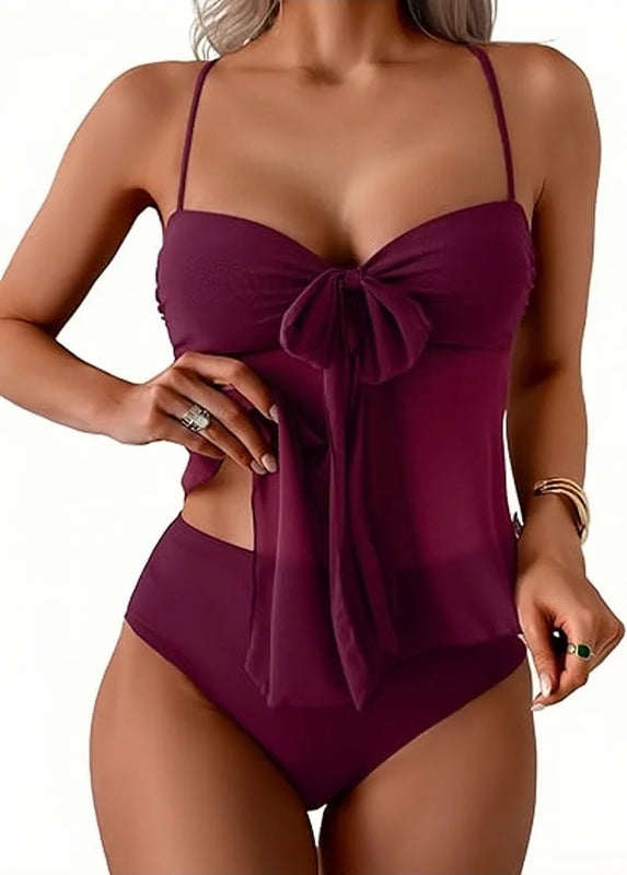 Women Solid Front Bow Chiffon Tankini Spaghetti Strap | SAMAG