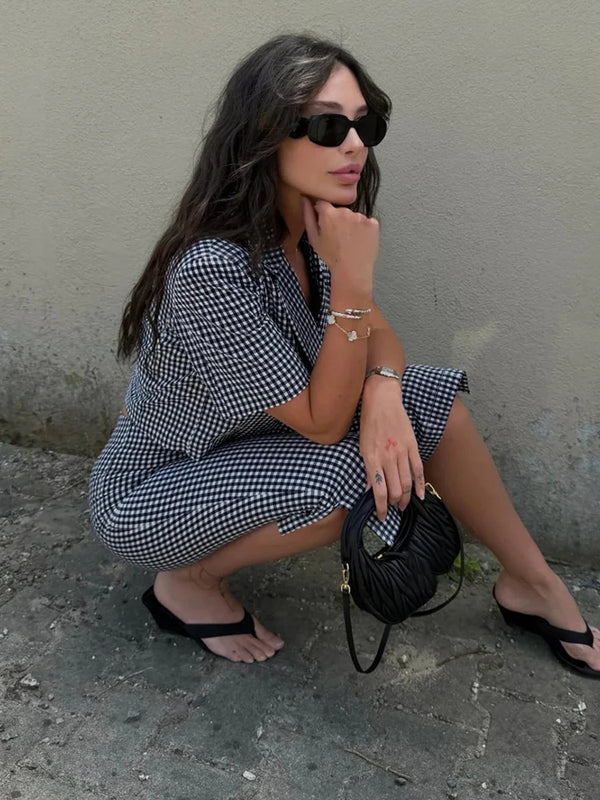 HH Women Casual Slim Plaid Blazer Pants Set 2026 Summer Autumn Gingham Short Blazer+High Waist Capri Pants Fashion Office Suits