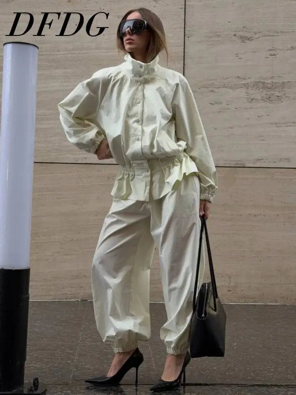 DFDG Women 2026 Spring Summer Casual Stand Collar Long Sleeve Top High Waist Elastic Cuff Jogger Pants Two Piece Streetwear Set