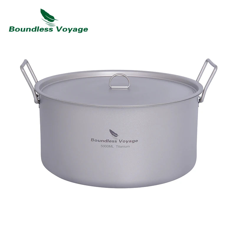 Boundless Voyage 2L 5L Big Capacity Soup Pot Titanium Camping Pot with Lid Folding Handle for Hiking Picnic Outdoor Cooking Pot