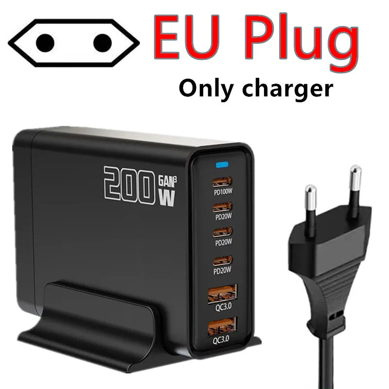 200W Desktop USB C Quick Charger GaN PD Fast Charger 6 Port Mobile Charging Adapter For Laptop iPhone 17 16 15 Samsung Xiaomi