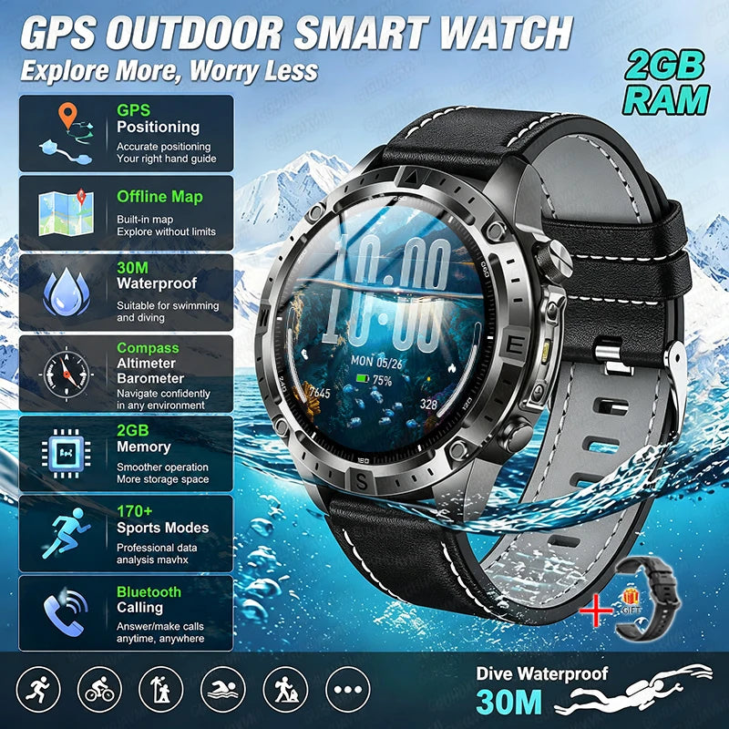 2026 Offline Map New Smart Watch 3ATM Waterproof GPS Navigation Compass Altimeter Flashlight Men 170+ Sports Bracelet Men Women
