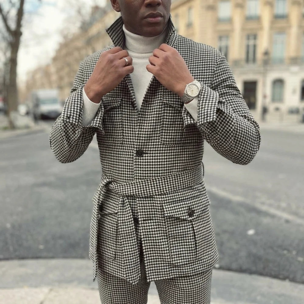 Plaid Single Breasted Safari Men Suit with Belt Set Separates 2 Pieces Custom Made Casual Wedding Daily Party (Blazer + Pants)