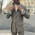 Plaid Single Breasted Safari Men Suit with Belt Set Separates 2 Pieces Custom Made Casual Wedding Daily Party (Blazer + Pants)