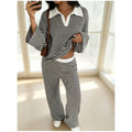 Autumn New Fashion Knitted Striped Lapel Long-sleeved Two-piece Set Slim + Casual High-waisted Wide-leg Pants 2 piece Set Female