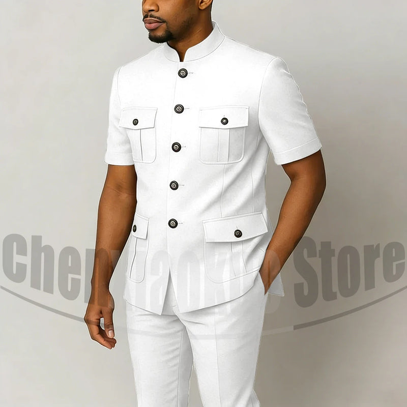 Men's Grey Mandarin Collar Suit Set Short Sleeves Multi-Pocket Jacket and Trousers Fashion Formal Smart Casual Wedding Suits