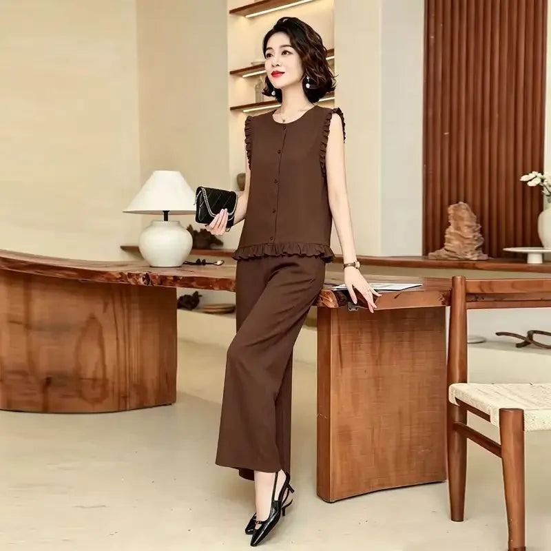 Women 2 Piece Outfit Sleeveless Printed Top And Wide Leg Pants Summer Casual Mom Wear For Middle Aged