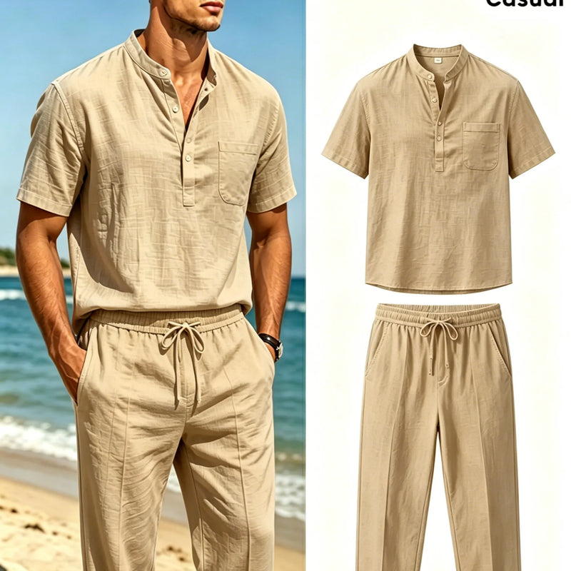 Men's Cotton Linen Henley Shirt and Drawstring Pants Set | SAMAG