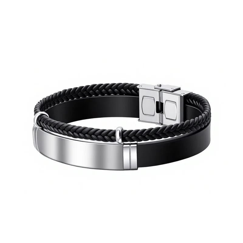 Custom Engraved Name Braided Rope Stainless Steel Bracelet, Personalised Engraved Text Twisted Rope Braided Leather Wristband