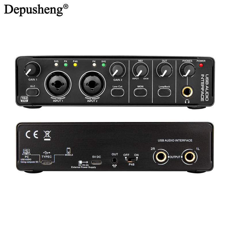 Audio Interface Depusheng MD22 USB 3.0 Sound Card with Monitoring Electric Guitar Live Recording For Studio Singing Micro
