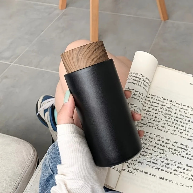 Cute Leak-Proof Stainless Steel Thermos Mug Mini 260ml Vacuum Insulated Cup Wood Grain Lid Portable Thermal Water Bottle Office