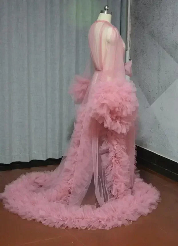 Women Dressing Gown Perspective Sheer Long Tulle Robe Puffy Pregnancy Maternity Dress for Baby Shower Nightgown Sleepwear Custom