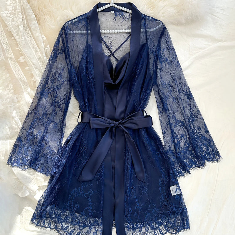 Women Lace Sleepwear Set Sheer Robe with Cowl Neck Slip | SAMAG