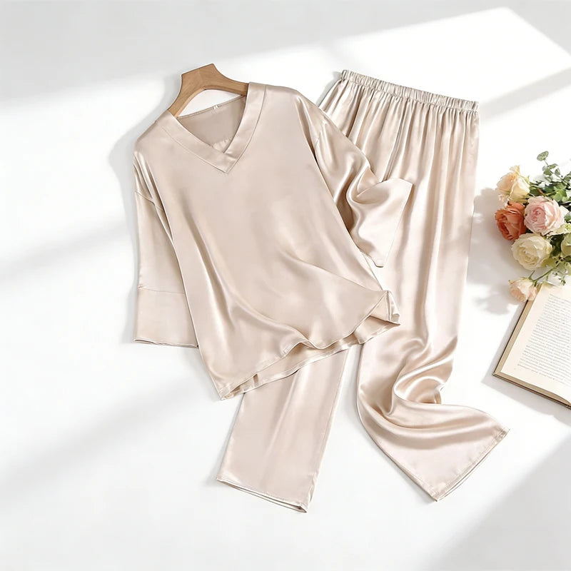 20MM 100% Natural Mulberry Silk Satin Pajama Set Solid Color V-neck Three-quarter Sleeve Tops Pants Women's Home Suit Set