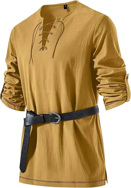 Men Medieval Lace Up Linen Long Sleeve Tunic Viking | SAMAG