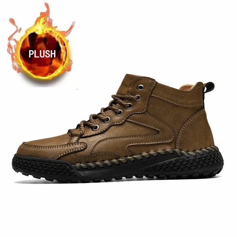 Outdoor Hiking Shoes for Men Autumn Winter Men Ankle Boots Hand Stitched Optional Plush Non-slip High Top Casual Shoes Sports