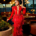 Sparkling Red Mermaid Ball Dress Luxury Beaded Feather | SAMAG