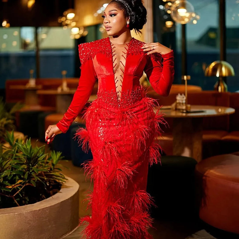 Sparkling Red Mermaid Ball Dress Luxury Beaded Feather | SAMAG