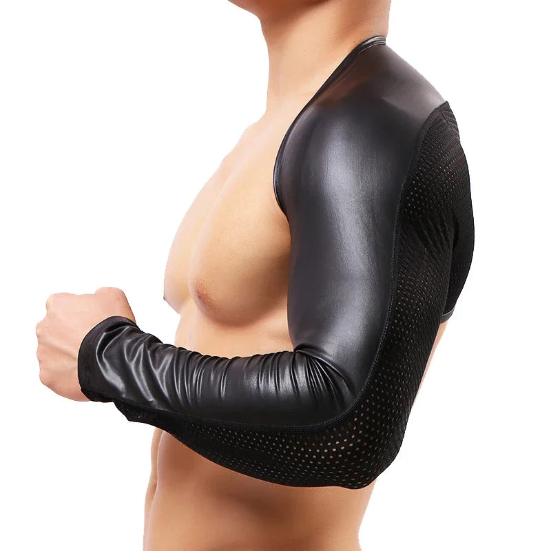 High Quality Men Long Sleeves Arm Shapers Tops Back Shoulder Faux Leather Tops For Men