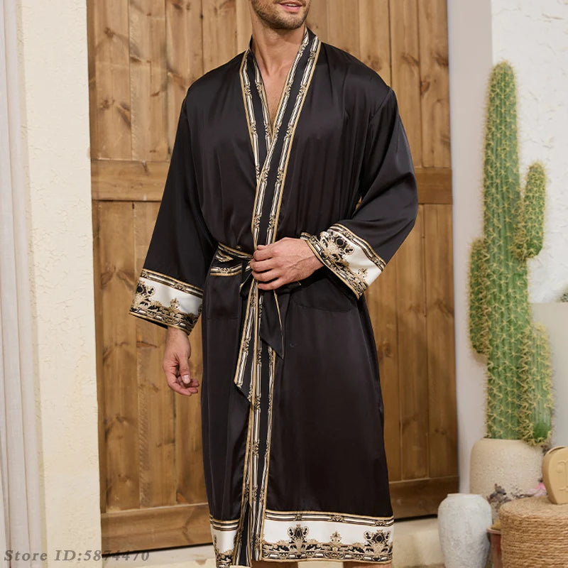 Men's Long Robe Pajamas Set Baroque Style Bathrobe Kimono Shorts Pijamas Spring Summer Sleepwear Home Clothes Satin Loungewear