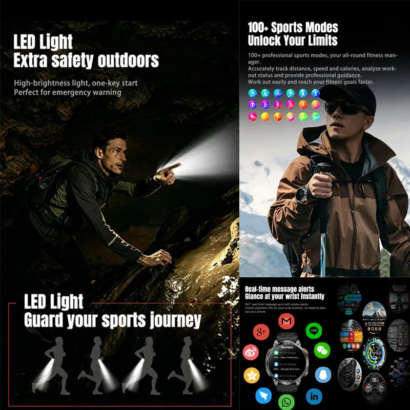 Hot New 1400mAh Big Battery Smart Watch Men Outdoor Flashlight IP68 Waterproof Bluetooth Call AMOLED Military Sports Smartwatch