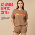 2 Piece Women's Short Set Short Sleeve Crew Neck T Shirt and Elastic Waist Shorts Retro Rainbow Striped Casual Lounge Wear Matching Outfit Relaxed Fit with Curved Hem Side Split for Streetwear Vacation Summer