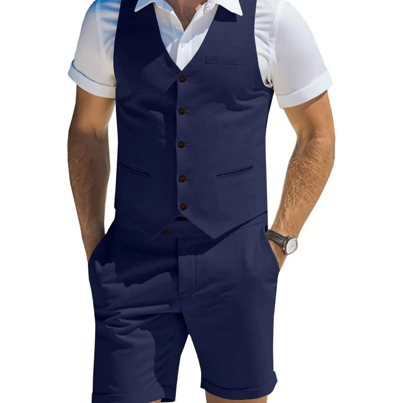 Men's Suit Linen 2 Piece Vests Short Pants Suits for Men Casual Summer Beach Groomsmen Wedding Waistcoat Set