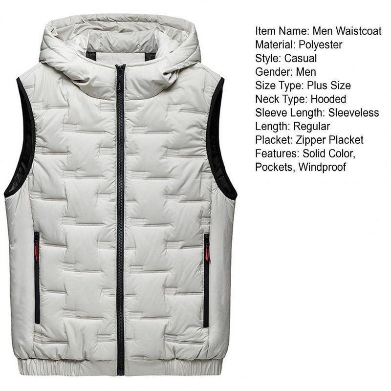 Men Autumn Winter Thickened Waistcoat Hooded Sleeveless Zipper Placket Vest Coat Down Vest Outwear Men's Iinsulated Vest