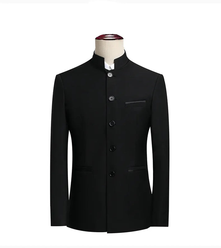 2026 New Men's Stand Collar Long Sleeve Suit Jacket, Asian Size Chinese-Style Slim-Fit Blazer in Dark Blue/Red/Grey/Black/White