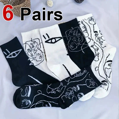 6 Pairs Line Patterns Both Men Women Fashionable Mid Tube | SAMAG