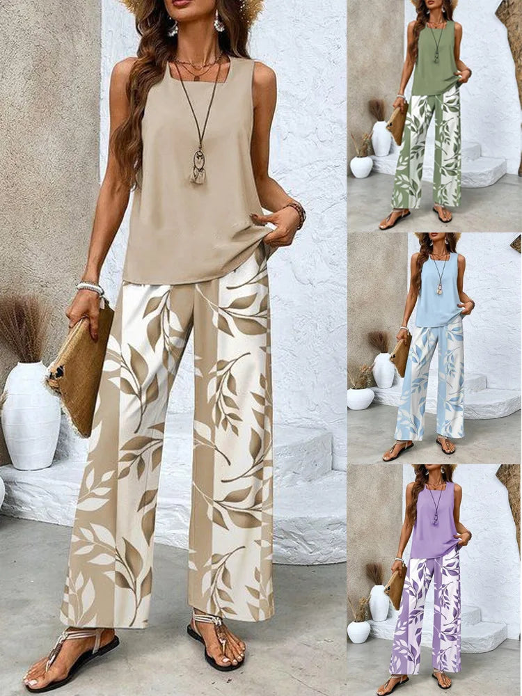 Women Casual 2 Piece Outfit Sleeveless Tank Top + Leaf Print Wide Leg Pants Set Summer Vacation Loungewear