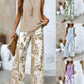 Women Casual 2 Piece Outfit Sleeveless Tank Top + Leaf Print Wide Leg Pants Set Summer Vacation Loungewear