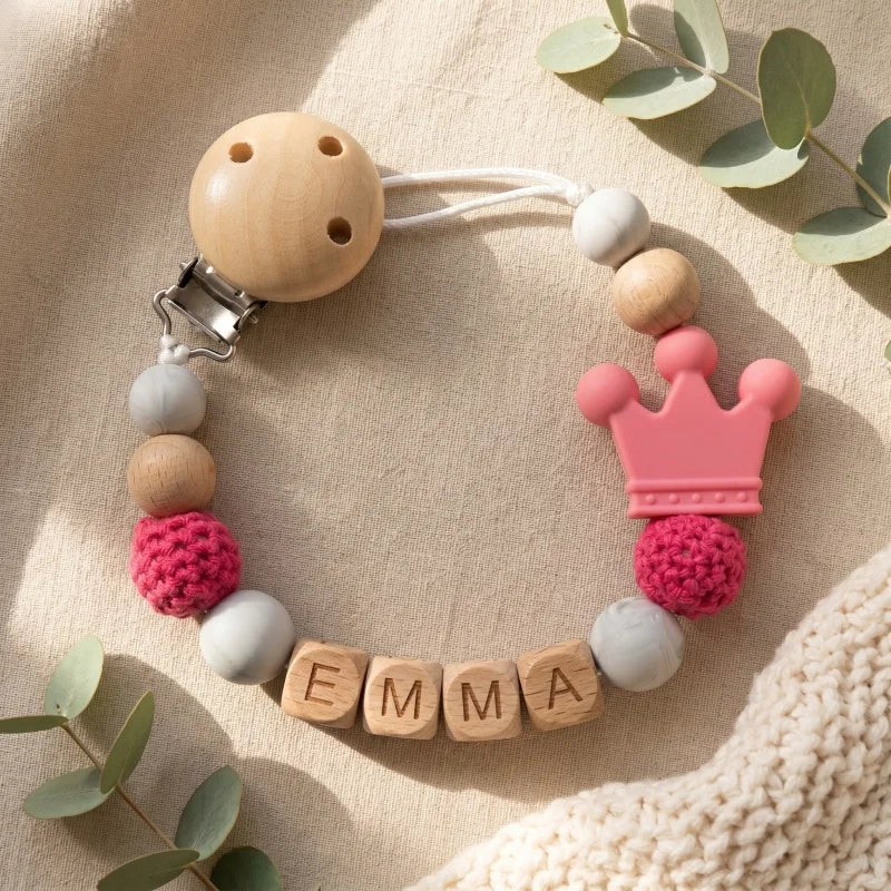 Personalized Name Pacifier Clip Silicone Wooden Dinosaur Baby Teether Holder BPA Free Custom Soother Chain Handmade Dummy Clip