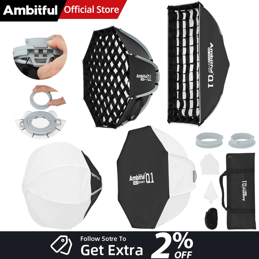 NEW！AMBITFUL Q1 Mini Bowens/GODOX Mount 30cm 45cm Octa Softbox 20*55cm Strip Softbox 30cm Softball 45cm Bounce Softbox For GODOX