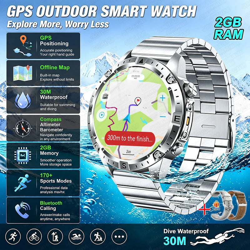 2026 Offline Map New Smart Watch 3ATM Waterproof GPS Navigation Compass Altimeter Flashlight Men 170+ Sports Bracelet Men Women