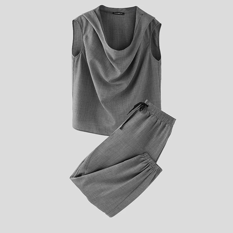 2024 Street Fashion Two-piece Suits INCERUN Men Causal Simple Solid Color Outfits Commuting American Style Oversize 2PCS Sets