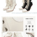 Retro Canvas Front Lace Up Sports High Heel Boots 2025 Mixed Color Mid Calf Casual Boots Pointed Toe Inner Zipper Modren Boots