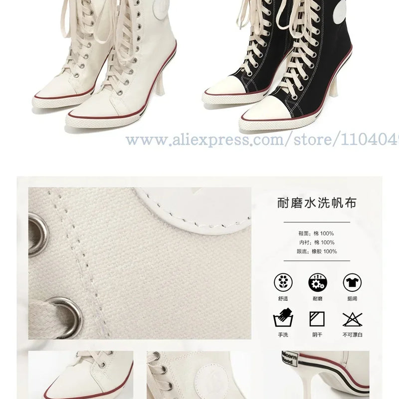 Retro Canvas Front Lace Up Sports High Heel Boots 2025 Mixed Color Mid Calf Casual Boots Pointed Toe Inner Zipper Modren Boots
