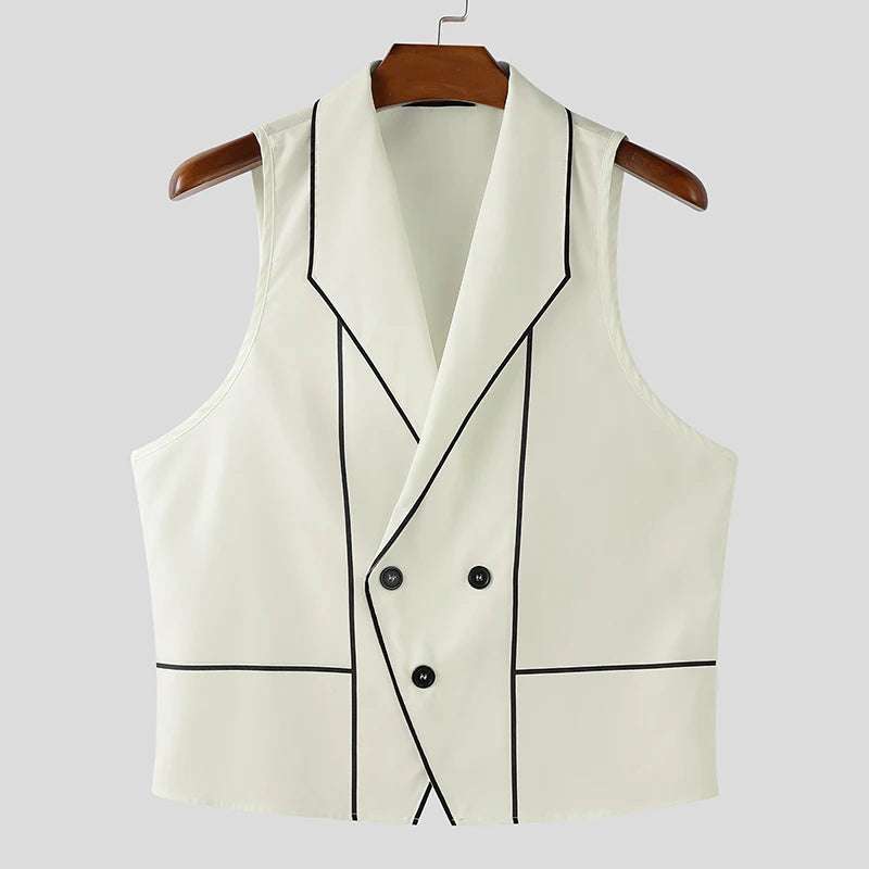 INCERUN Men Vests Printing Color-block Lapel Sleeveless Button Casual Male Waistcoats Streetwear 2025 Fashion Leisure Vests Men