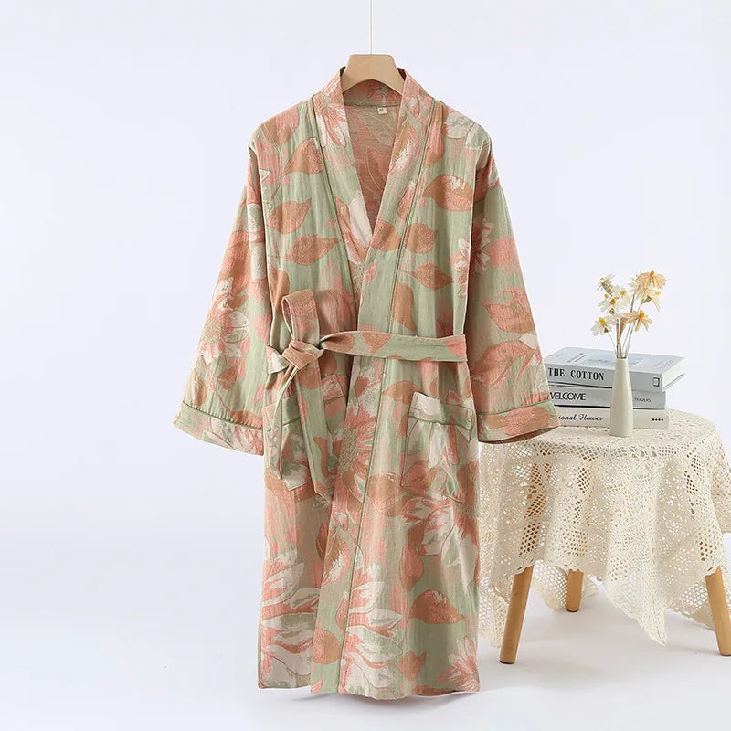 2026Couple's Printed Cotton Loose Fitting Bathrobe Japanese Style Tie Up Kimono Bathrobe Sweat Steaming Cotton Pajamas Robes Men