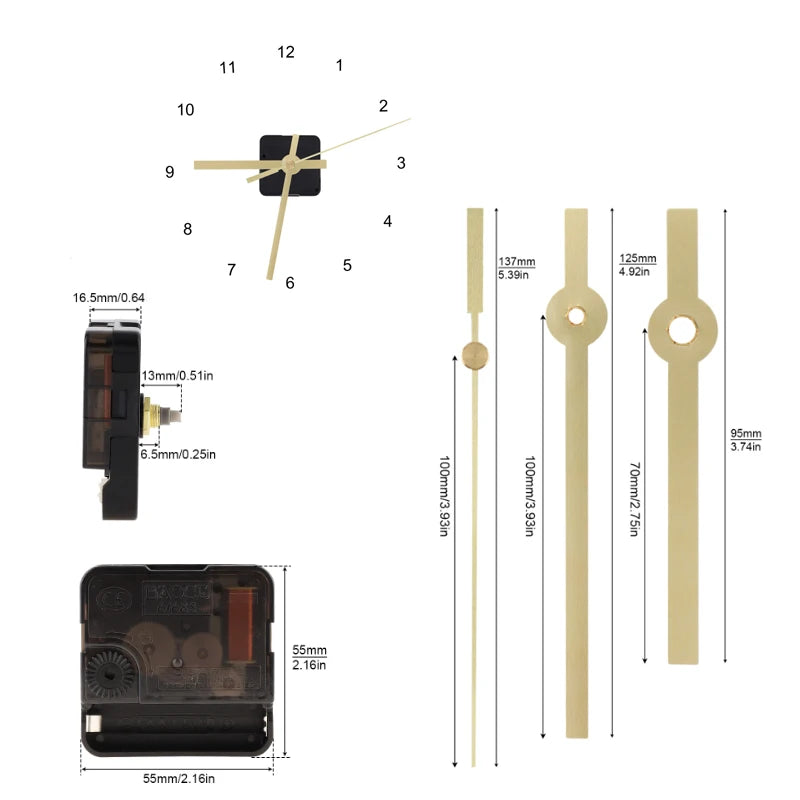 Wall Clock Quartz Movement Mechanism with Golden Hands Pointer Set, Metal Hook for Clock DIY Clock Repair Parts Replacement
