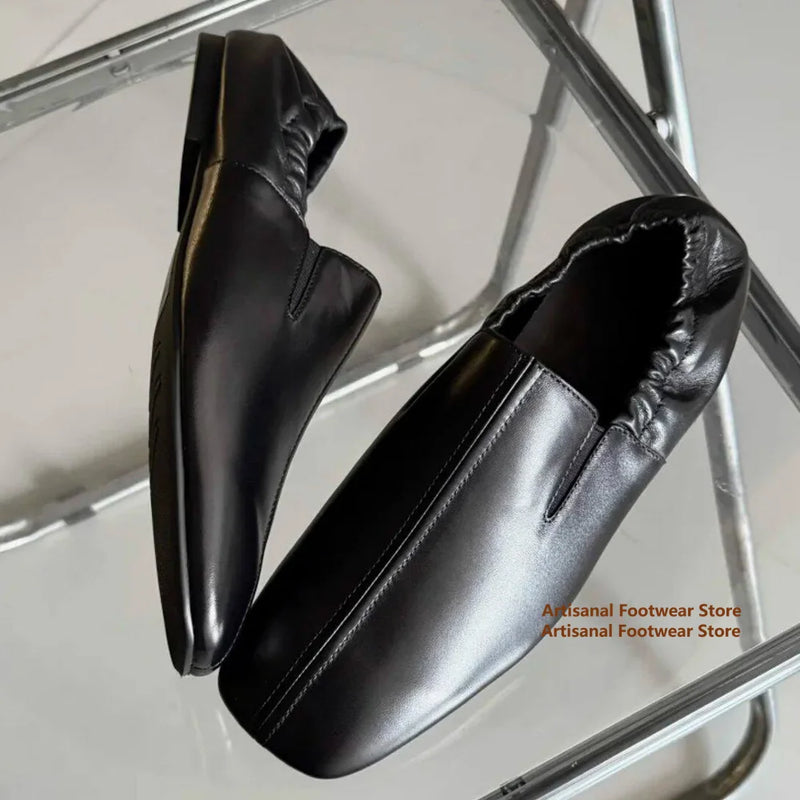 Square Toe Slip On Loafers Men's Black Leather Casual Shoes Business Casual Leather Shoes Flat Trendy Handmade Men's Shoes