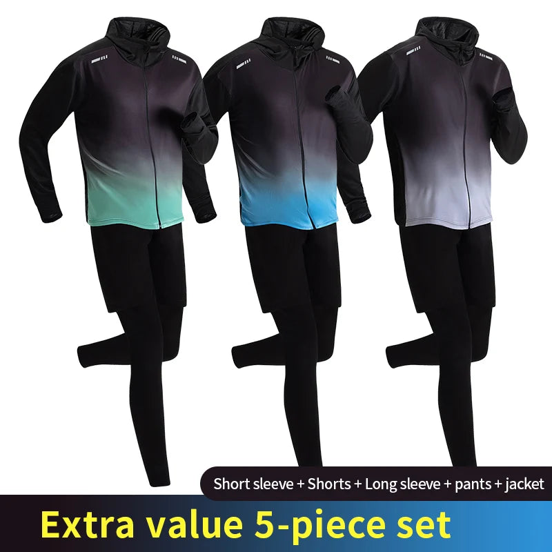 5 - Piece Men's Quick - drying Sports Suit Fitness Running Tight Elastic Trousers With Cap Gradient Coat - View 2 | SAMAG