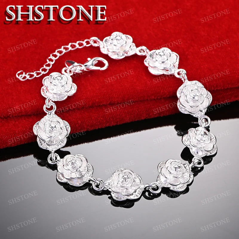 SHSTONE 18K Gold Lotus Flower Link Bracelets For Woman Party Wedding Engagement Christmas Birthday Fashion Jewelry Lady Gift