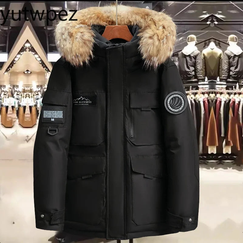Outdoor Hiking Winter Climbing Mens Hooded Fur Collar Duck Down Coats Waterproof Coats Fashion Parkas Casual Warm Down Jackets